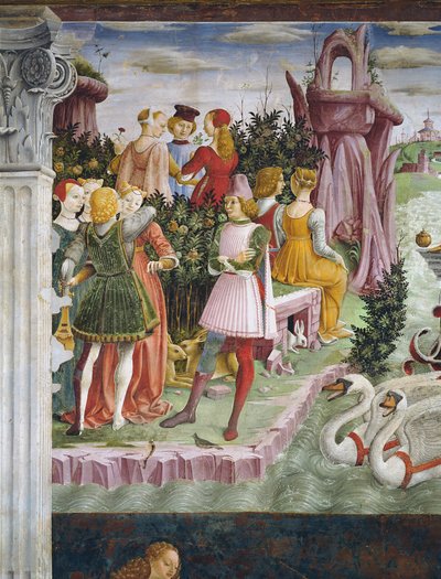Der Triumph der Venus: April aus dem Raum der Monate, Detail von der linken Seite, ca. 1467-70 von Francesco del Cossa